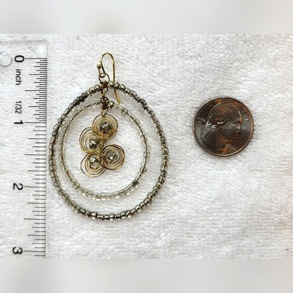 Seed Bead Double Hoops with Wire Accent Dangle Statement Earrings - Picture 7 of 8